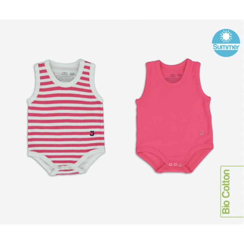 J Body 0-36 mesi - Bio Cotton Summer - Smanicato - 2-pack - Fucsia/Righe Bianco-Fucsia