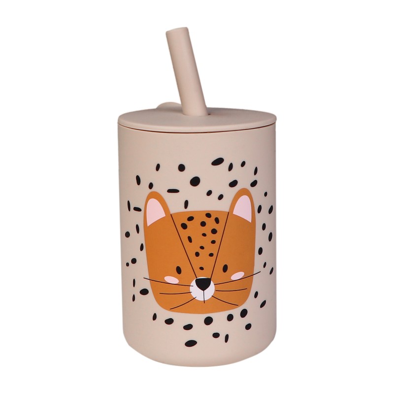 Tryco - Bicchiere con Cannuccia - Lenny il Leopardo - Sabbia - Silicone