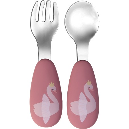 Tryco - Set Posate Forchetta e Cucchiaio - Ivy il Cigno - Rosa - Silicone e Acciaio Inox