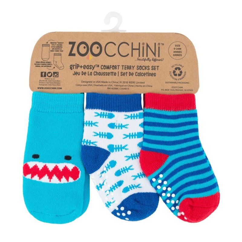 Zoocchini - Calzini Antiscivolo Grip+Easy, Pacco da 3 - Sherman lo Squalo