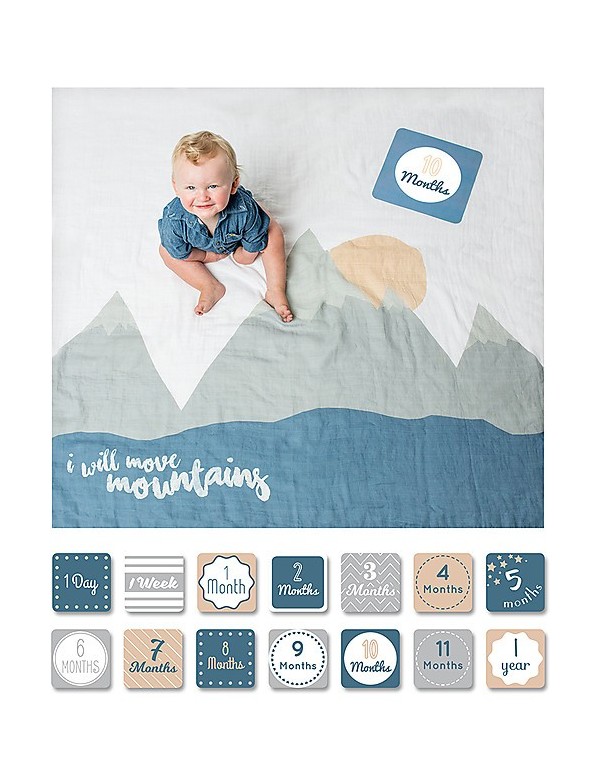 Lulujo Baby  Kit Primo Anno I Will Move Mountains - Copertina Swaddle in Mussola di Cotone + 14 Cards