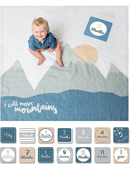 Lulujo Baby  Kit Primo Anno I Will Move Mountains - Copertina Swaddle in Mussola di Cotone + 14 Cards