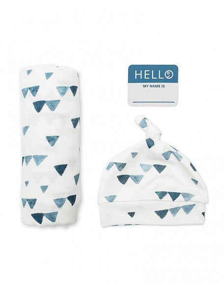 Lulujo Baby - Set Hello World, Cappellino + Swaddle, Triangoli Blu - 120 x 120 cm - Bambù